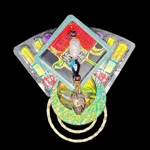 Bold Luxe 80s Artisan Red Black Iridescent Geometric‎ Dangle Brooch Statement